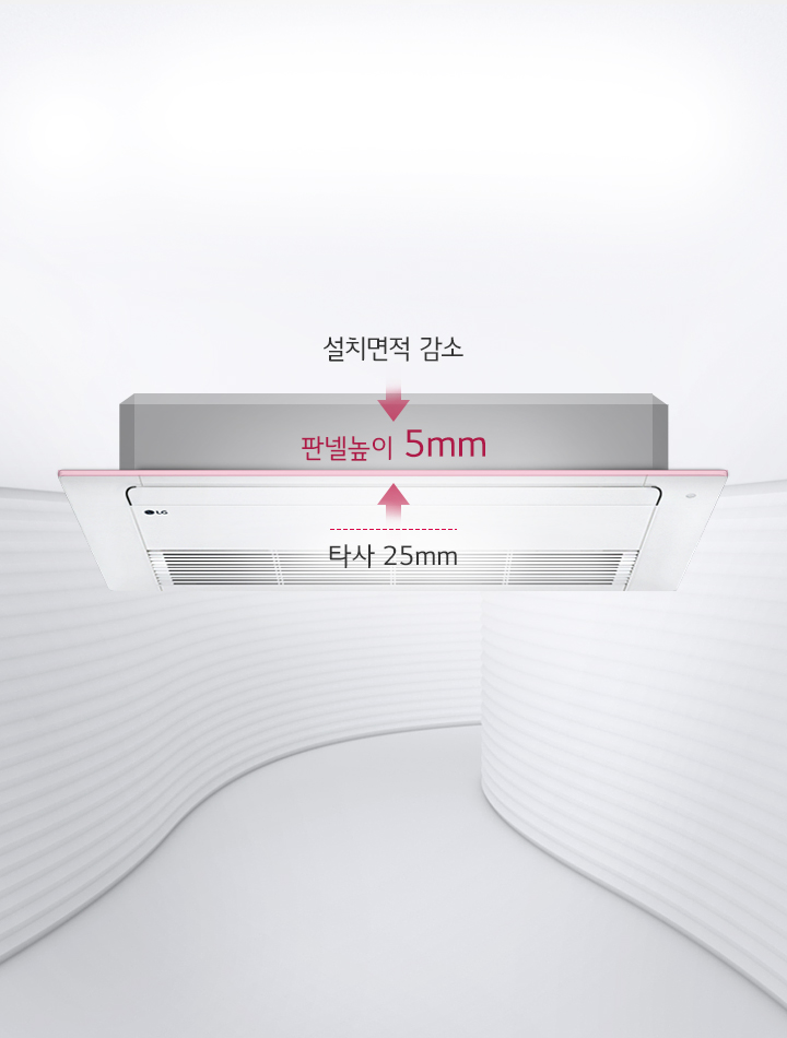 천장에 밀착되는 초슬림 디자인, 설치면적 감소(타사 25mm / 천장형 카세트 1WAY 5mm) 
